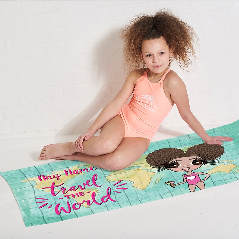 Girls Personalized World Print Beach Towel