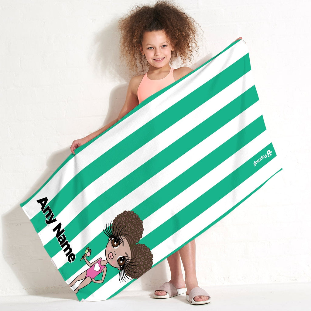 Girls Personalized Green Stripe Beach Towel