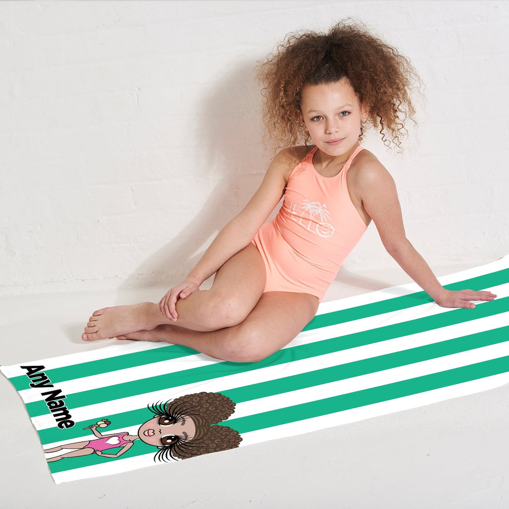 Girls Personalized Green Stripe Beach Towel