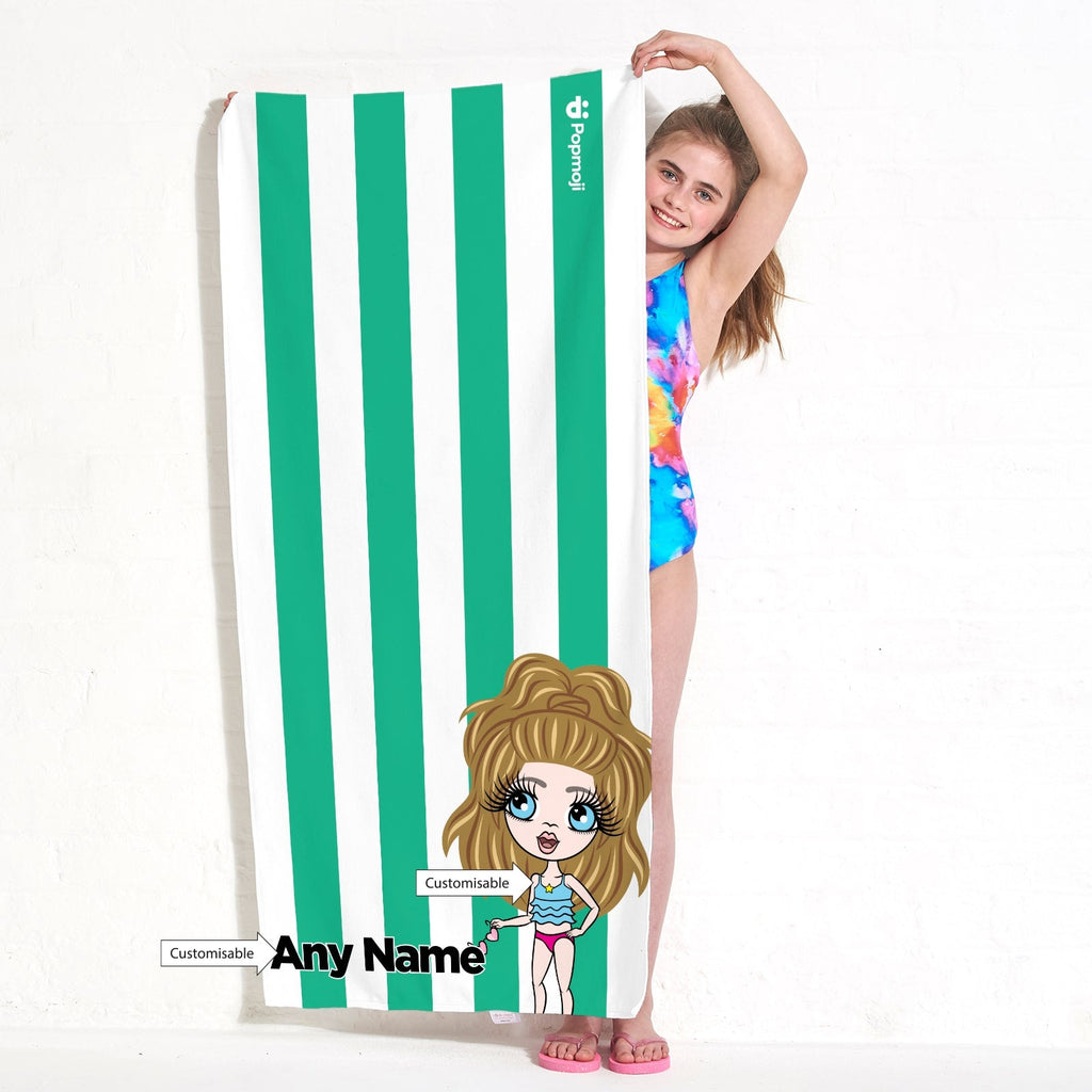 Girls Personalized Green Stripe Beach Towel