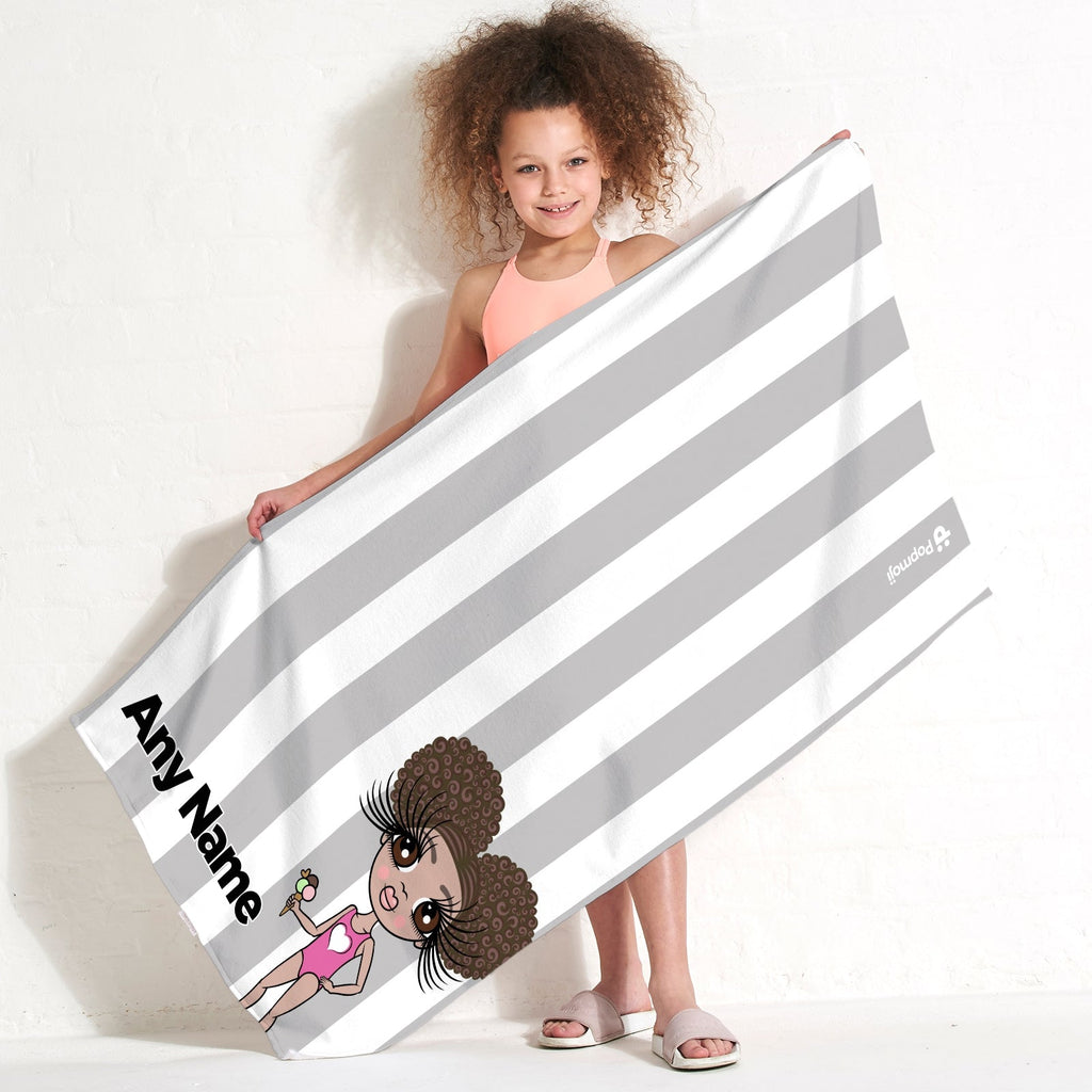 Girls Personalized Grey Stripe Beach Towel