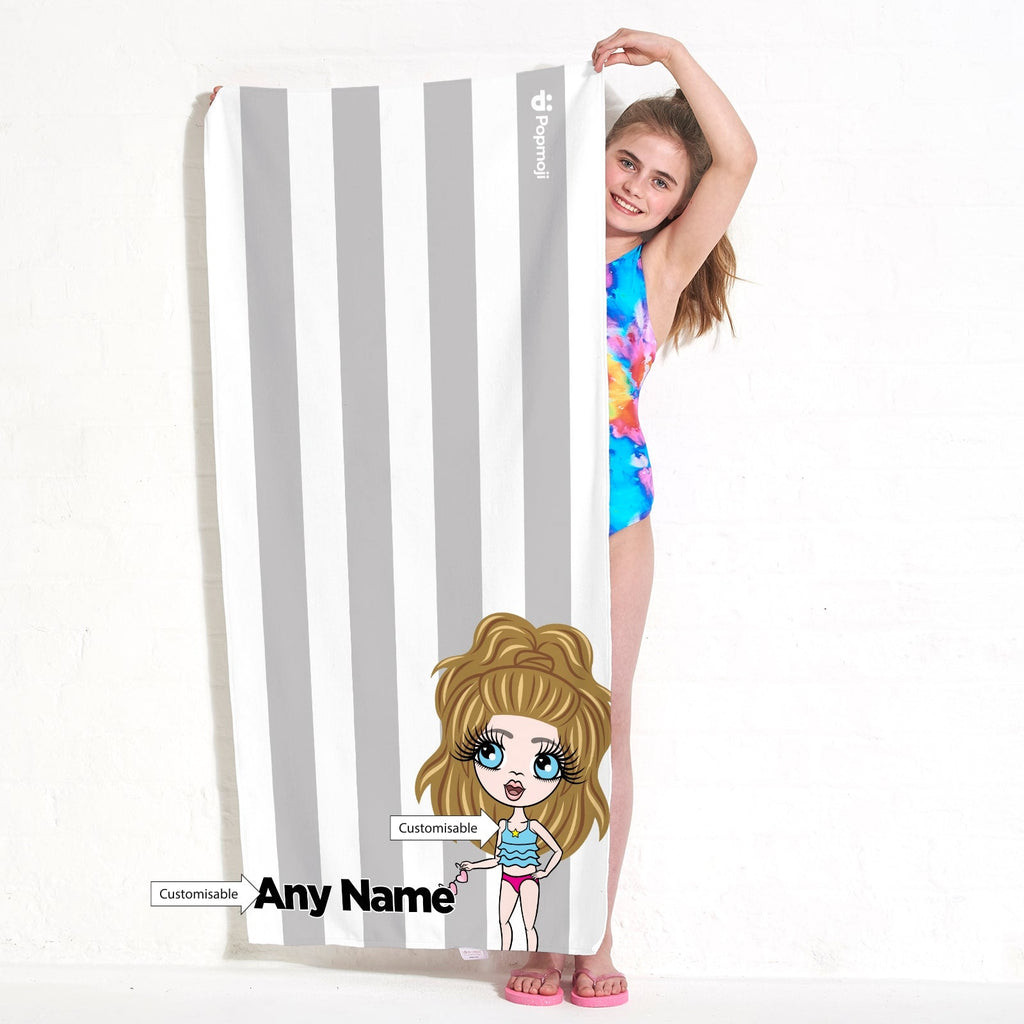 Girls Personalized Grey Stripe Beach Towel