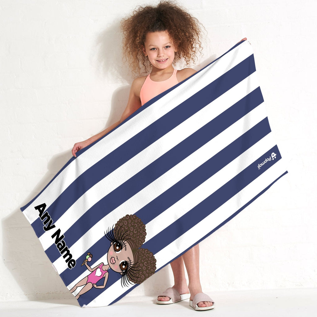 Girls Personalized Navy Stripe Beach Towel