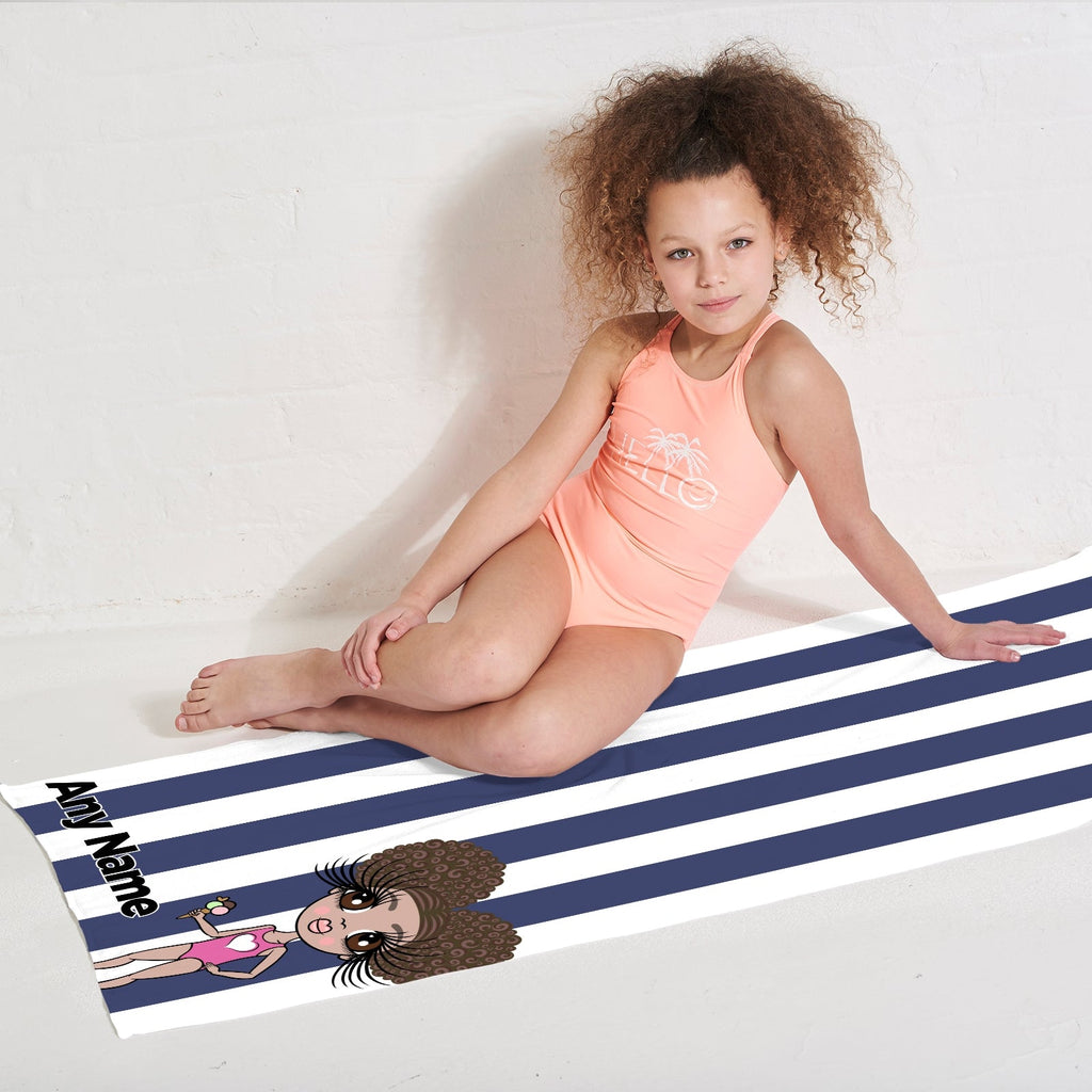 Girls Personalized Navy Stripe Beach Towel