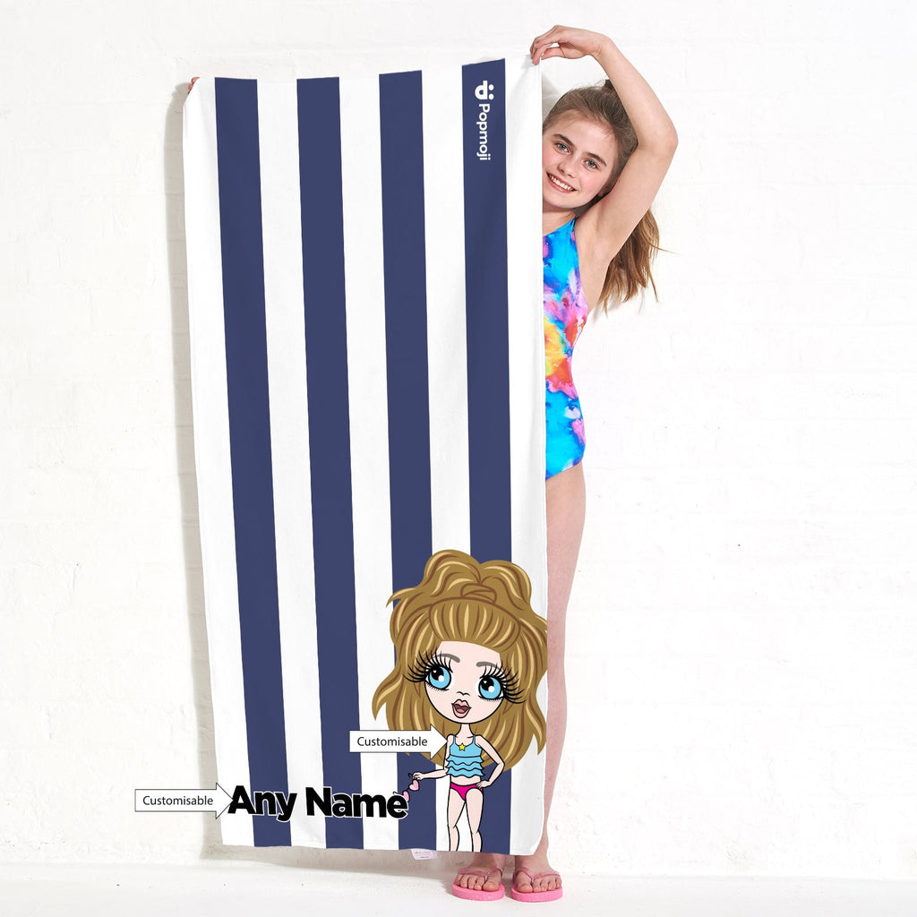 Girls Personalized Navy Stripe Beach Towel