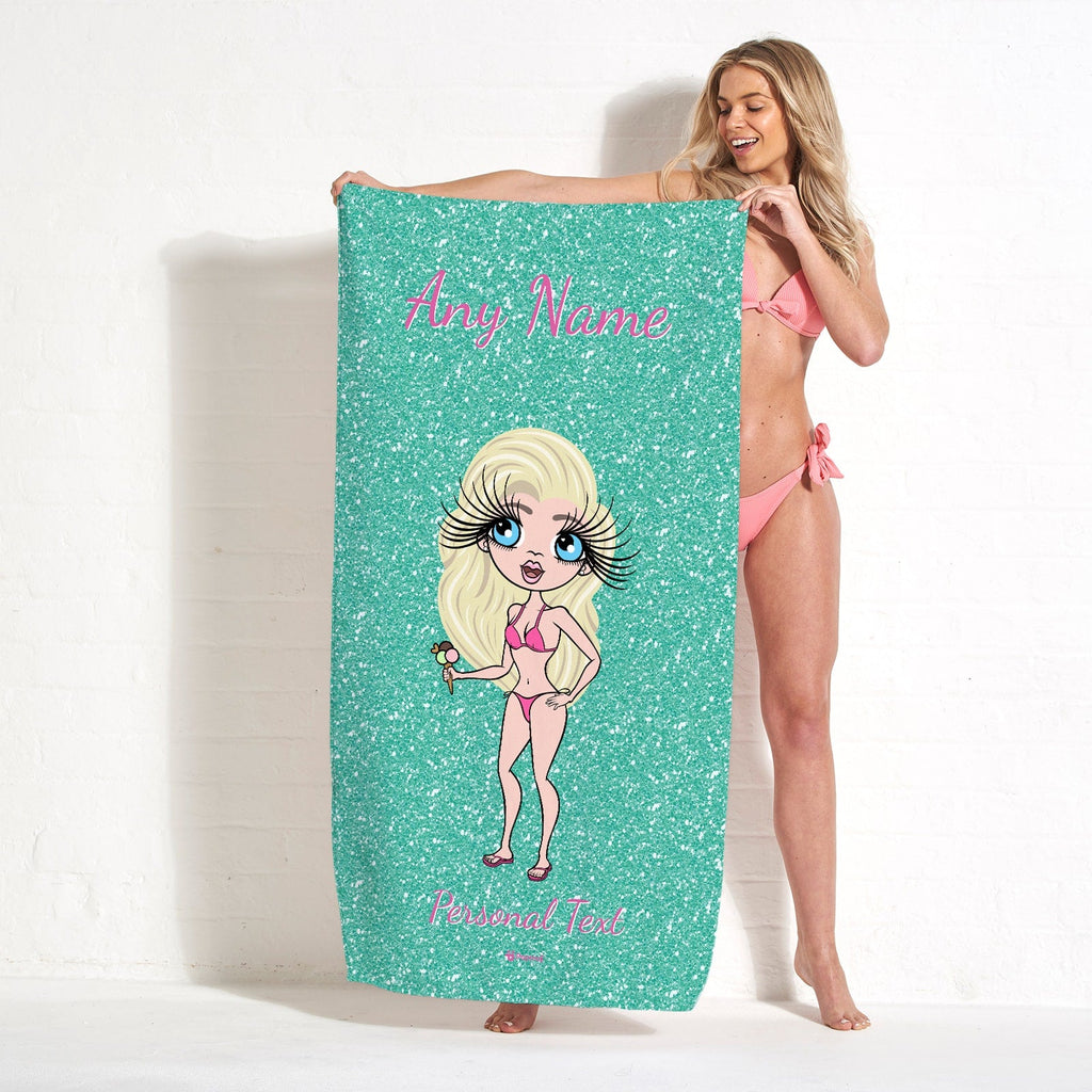 Womens Personalized Aqua Glitter Effect Beach Towel