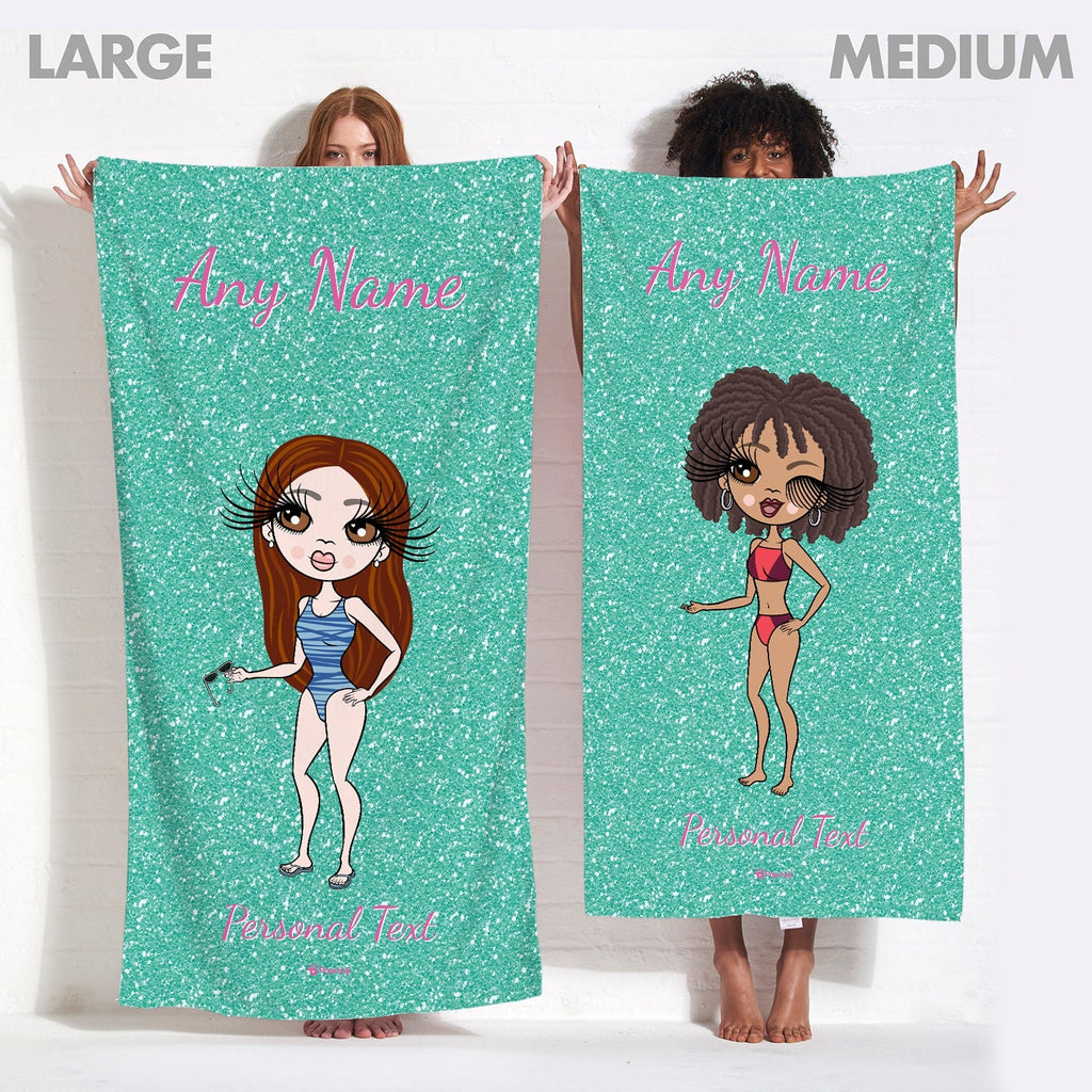 Womens Personalized Aqua Glitter Effect Beach Towel